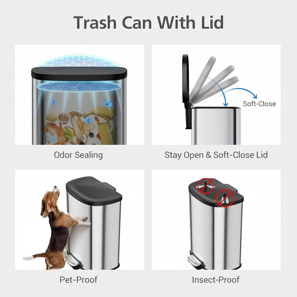 Garvee Stainless Steel Trash Can, 50 L/13 gal Hands Free Garbage Can with Soft Close Lid and Foot Pedal, Metal Kitchen Waste Bin with Inner Bucket for Living Room, Office, D Shape, Silver