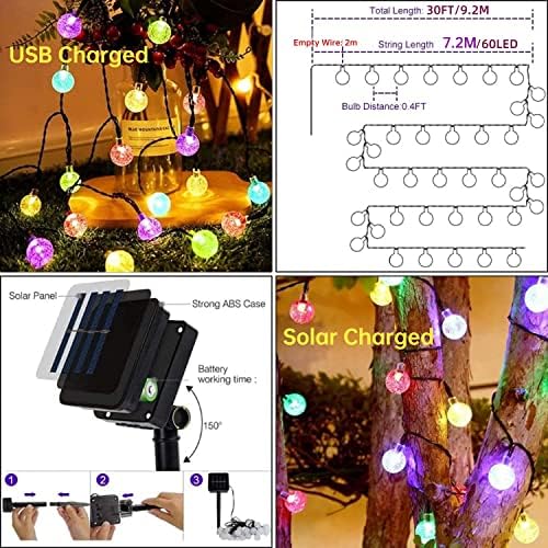 Solar Lights Outdoor Garden, 9.2M 60LED Crystal Balls Fairy Lights, 8 Mode Solar Powered String Lights for Umbrella Balcony Gazebo Tree Fence Porch House Garden Party Decor (Multi-Coloured)