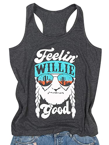 Mousya Women Tank Top Feelin' Willie Good Letter Printed Vest Top Summer Casual Country Concert Sleeveless Tee #TOP4