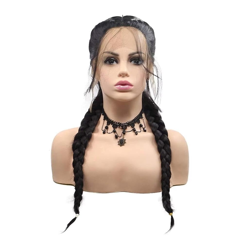 Haarpflege 24 Zoll Schwarze Doppelgeflecht-Mittelteil-Lace-Front-Perücke Für Frauen Hitzebeständige Faser