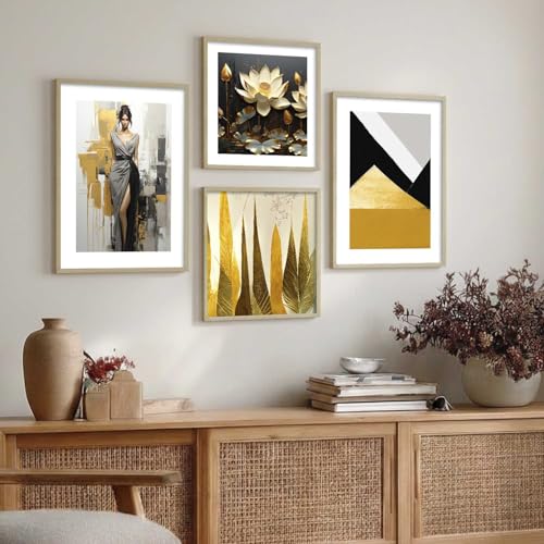 Image of kotart Premium Paintings with Frame for Home Decoration - Modern Art Black and Golden Painting for Living Room Bedroom Office Wall Decoration - Pack of 4 (Art 3, Big (13x17 or 13x13 inch))