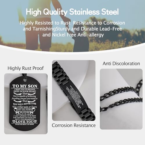 Butishop Son Gift Personalized Braided Bracelet from Mom and Dad with Dog Tag Necklace You Will Never Lose Birthday Graduation Valentines Gifts Black Stainless Steel4
