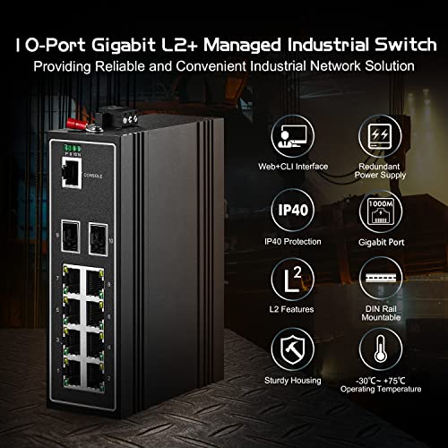Image of Binardat 10 Port Gigabit L2+ Managed Industrial DIN-Rail Switch, 8 Gigabit Ethernet Ports, 2 Gigabit SFP, Vlan|Route|Ring|ACL|Qos Web /Console Managed