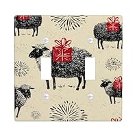 Festive Sheep Light Switch Cover Plates/Outlet Covers, Cream Color with Holiday Gifts and Fireworks Design, Thermoplastic Wall Plates, Standard Size Double Toggle
