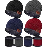 Syhood 4 Sets Kids Winter Hat and Scarf Set Warm Fleece Lining Beanie Hats Knitted Cap Scarf for 5-14 Years Boys Girls(Blue, Black, Red, Gray)