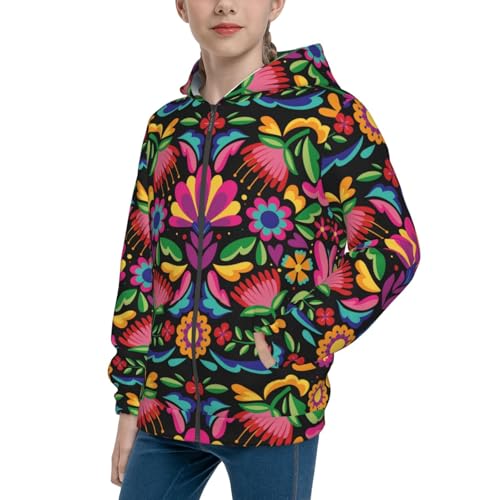 Colorful Floral Embroidery Mexican Kid Hoodies Boys Zip Up Sweatshirts Girls Pullover with Pocket