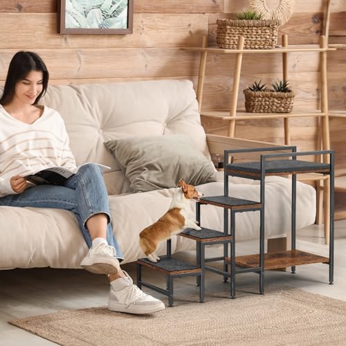 CADUKE Hundetreppe für Bett, robuste Katzentreppe aus Metall und Holz, 4 Stufen Haustiertreppe für alte Katzen, kleine Hunde, Braun und Schwarz, 33 x 85 x 63cm