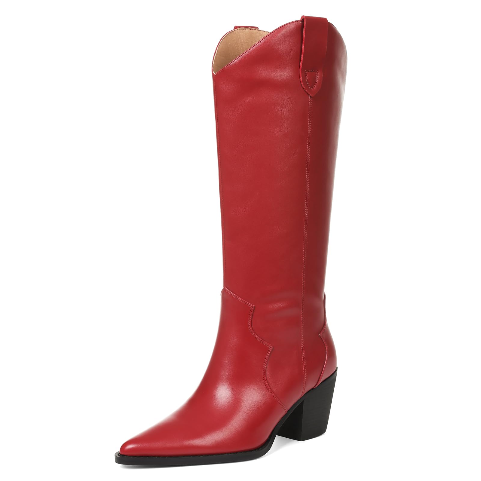 femflame Cowboy Boots for Women Pointed Toe Chunky Heel Knee High Boots Embroidered Western Boots