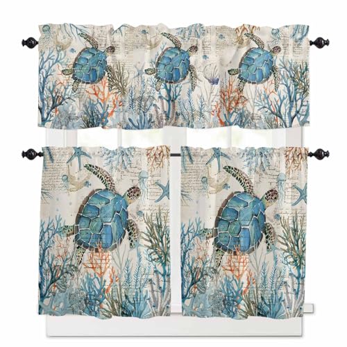 Ocean Turtle Kitchen Curtains 24 Inch Length, 3 Piece Rod Pocket Small Half Tiers and Valance Set, Coastal Nautical Coral Starfish Blue Small Large Window Treatment Decor for Bedroom/Bathroom Sink