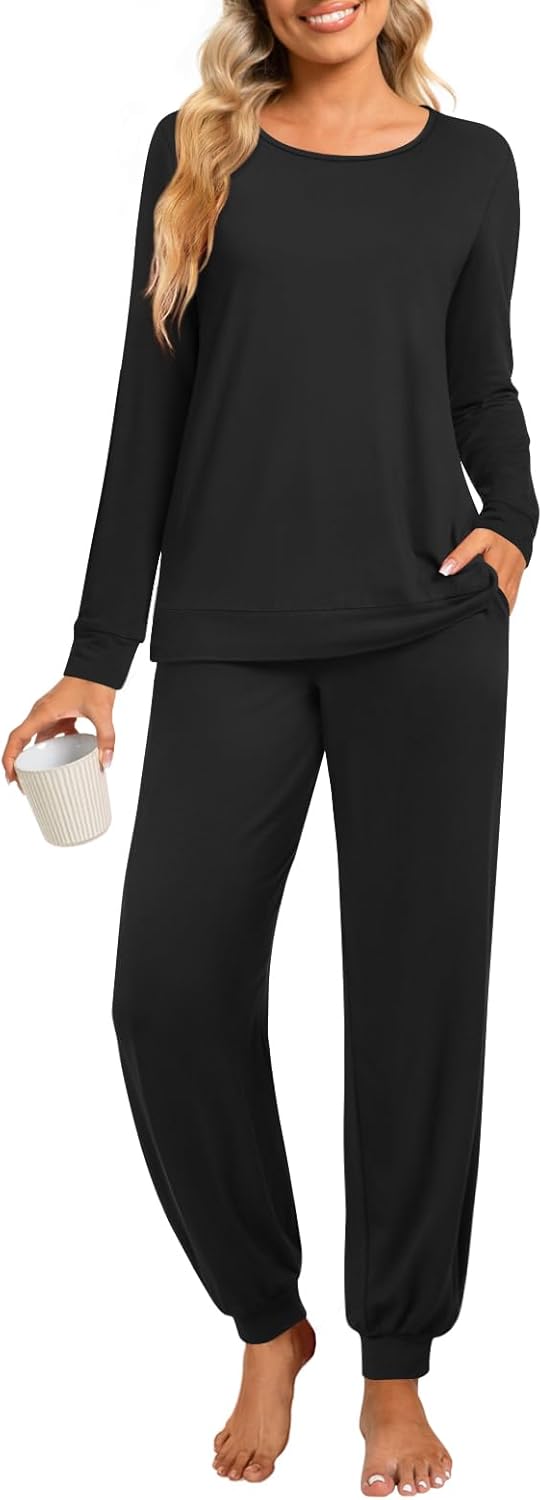 syoss Womens Pajama Set Long Sleeve Sleepwear Fall Round Neck Nightwear Soft Pjs 2 Piece Lounge Sets with Pockets
