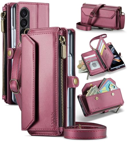 YYTVN for Samsung Galaxy Z Fold 4 Wallet Case with Zipper Card Holder & Crossbody Lanyard Strap & Wrist Strap, RFID Blocking PU Leather Magnetic Flip Handbag Purse Case for Galaxy Z Fold 4 -Red