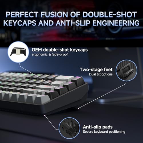 Dierya DK68 Teclado Mecánico Gaming Inalámbrico,60% Layout Compacto 68 Teclas con Triple Modo-Bluetooth/2.4G/Type-C,Red Switch Gamer Mechanical RGB Keyboard para PC/Win/Mac,QWERTY,Griza Nigra-B - imagen 8