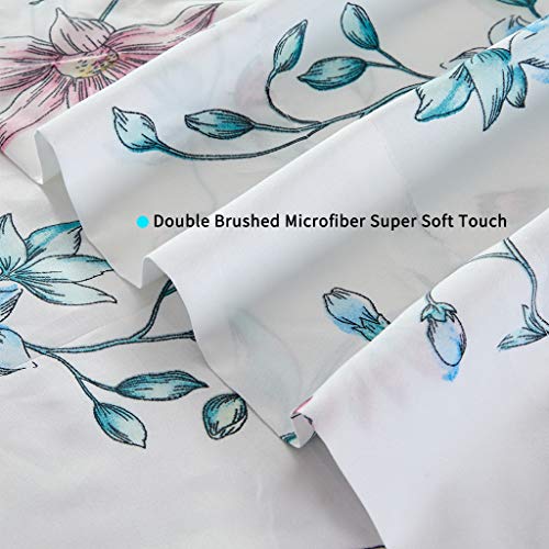 Image of JSD Pink Blue Floral Printed Twin Sheet Set Extra Deep Pocket | 3 Piece Soft Botanical Microfiber Sheets, OEKO-TEX Certified, Easy Care