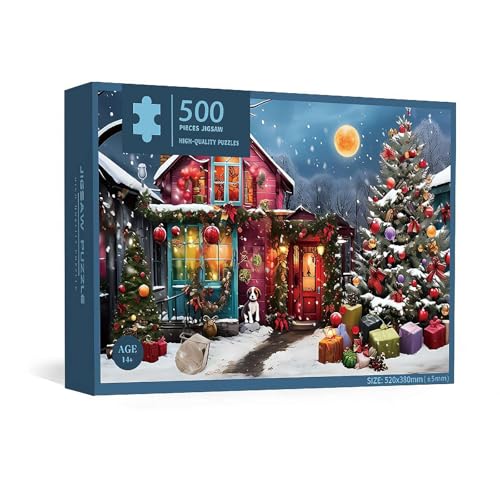 500 Piece Christmas Jigsaw Puzzle for Adults,Santa Claus Xmas Puzzles,Easy to Handle Colourful Festive Jigsaw,Improves Memory & Problem Solving,Intermediate Skill Level,20.28*14.82 (log cabin)