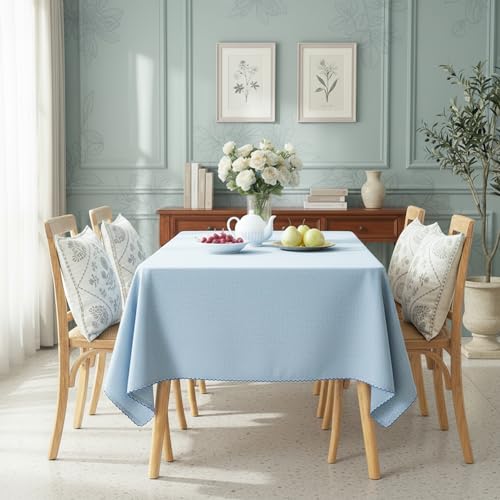 Image of Embroidered Edge Trim Tablecloth - (100% Cotton) 8 Seater Rectangle Tabelcloth- Sky Blue
