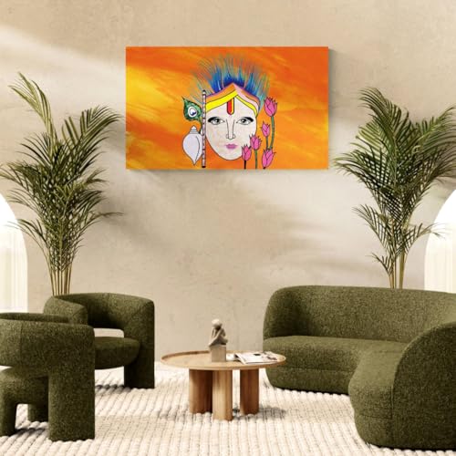 Image of ARTEBELLA Lord Krishna Inspired Canvas Wall Art, Orange Background with Flute, Peacock Feather and Lotus, Spiritual Home Decor (19.5 in X 30.5 in)