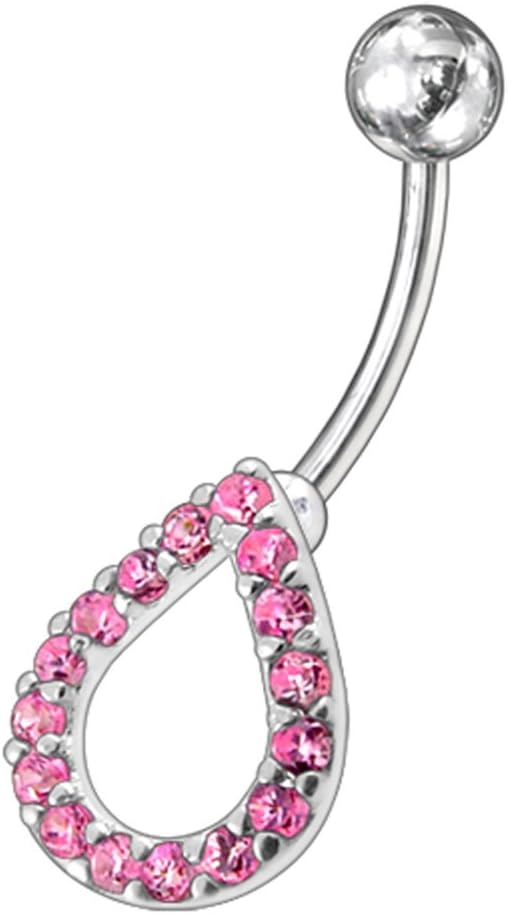 Silver Belly Rings Pink CZ Crystal Gemstone Studded Teardrop Design 925 Sterling Body Jewelry