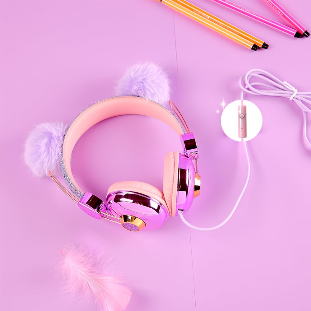 CHTON Cuffie per bambini per ragazze, graziose cuffie a forma di orso, con microfono, jack da 3,5 mm, per scuola/viaggio/iPad/tablet (viola)