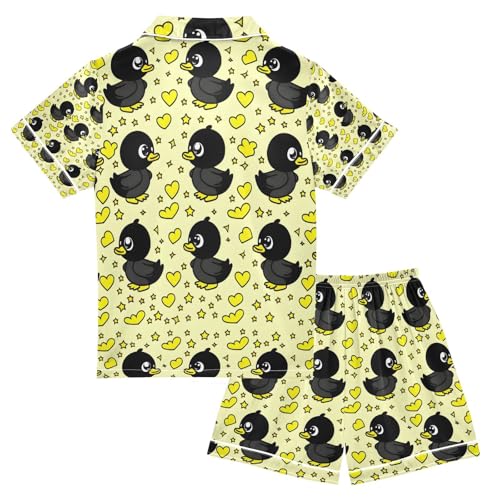 senya Duck Black Cartoon Satin Summer Pajama Sets Silk Short Sleeve Button Down Sleepwear2