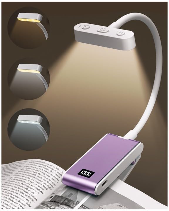 COKWEL Book Light, Rechargeable Reading Light at Night in Bed with Power Display, 90 Hrs 3 Brightness Levels 3 Color Temperatures,Clip On Reading Book Lamp for Bookworms, Booklights for reading in bed