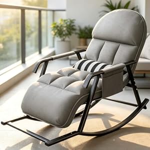 Schaukelstuhl mit 5-stufig Verstellbar Rückenlehne und Fußstütze, Schaukelliege Outdoor mit Dickes Polster und Armlehnen, Rocking Chair mit Seitentaschen, Schaukelsessel für Wohnzimmer Garten(Grau)