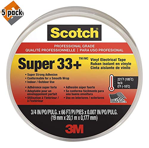 Scotch Super 33+ Vinyl Electrical Tape, 6132-BA-10, 3/4 in x 66 ft x 0.007 in - Pack of 5