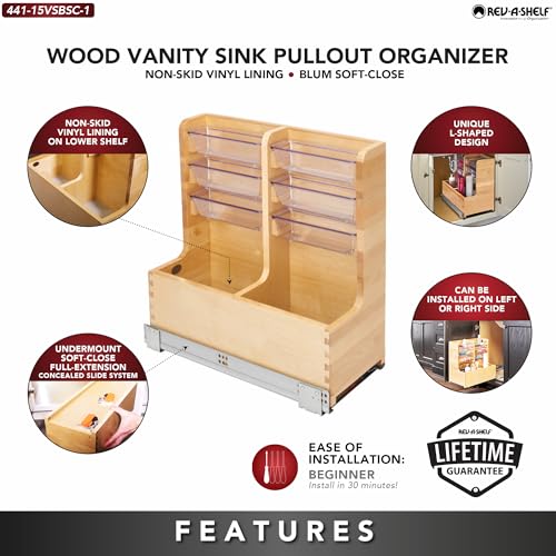 Image of Rev-A-Shelf 30 inch Wood Vanity Sink Pullout Organizer Cabinet Storage with Soft-Close for Kitchen or Bathroom, Min Opening Width of 12 inch, Maple Wood, 441-15VSBSC-1