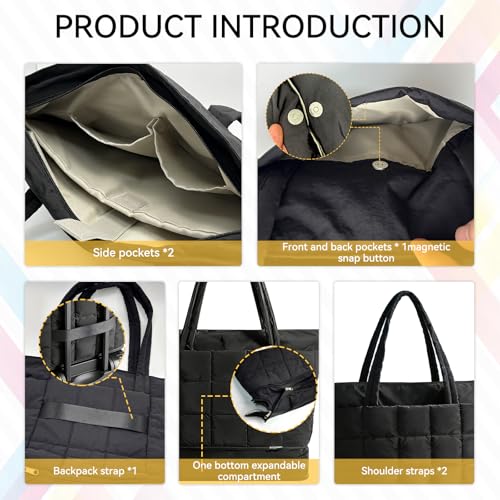 Bolso tote acolchado para mujer, ligero, negro con cremallera, ideal para trabajo, viaje, gimnasio y uso diario miniatura 5