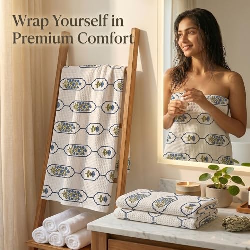 Image of Mafatlal Madhuban Cotton Towel Set (1 Bath 147x76 cm + 2 Hand 76x38 cm) | 250 GSM | Lightweight, Quick Dry & Hand Printed | Biscay Bay Color