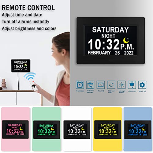 Véfaîî Newest,Dementia Clock With Auto Dst & 15 Alarms, Day Clock With Sun/Moon Icons For Memory Loss, Alzheimer's, 7 Inch Black With Remote #TOP2