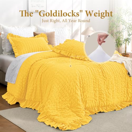 Image of JOLLYVOGUE Pumpkin Yellow Queen Comforter Set,3pcs Seersucker Bed Set | OEKO-TEX Certified, All Season, Down Alternative Fill, Lightweight Bedding Set with Ruffle Comforter & Pillowshams, Easy Care