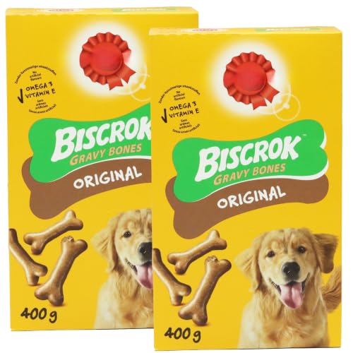 2 x BISCROK Gravy Bones Original Dog Biscuits Bundle with FREE Feeding Scoops with Measurement Markings | Crunchy Dog Treats for Training Rewarding & Everyday Snacking
