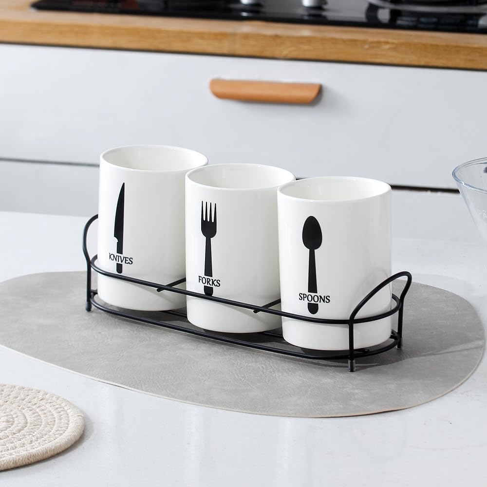 3-Piece White Ceramic Silverware Cutlery Holder with Black Metal Rack, Utensil Holder Flatware Caddy Cutlery Storage Organizer for Kitchen and Countertop (White)