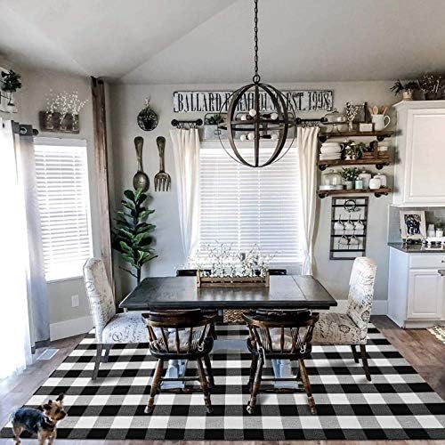 EARTHALL Buffalo Plaid Rug Black and White 5x7 Area Rug, Cotton Hand-Woven Washable Indoor Outdoor Area Rug Farmhouse/Dining Room/Bedroom/Living Room Rug Retro Lattice Checkered Carpet (59''x78'')