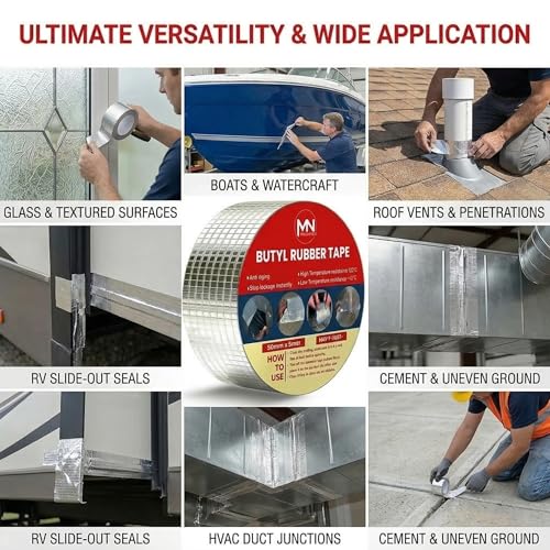 Image of Super Strong Adhesive Waterproof Tape Permanent Repair Aluminum Butyl Rubber Foil for Roof Leak, surface Crack, Window Sill, Water Tank, Boat Sealing, Home Renovation (4 Inch 5 Mtr)