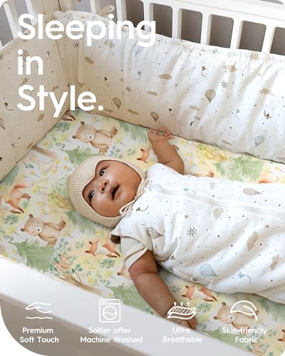 Image of Mini Crib Sheets 24x38, Ultra Soft Pack N Play Sheets Fitted Boy Girl, Neutral Pack and Play Mattress Sheets, Premium Jersey Knit Portable Crib Sheets Hypoallergenic, Forest Bear & Deer