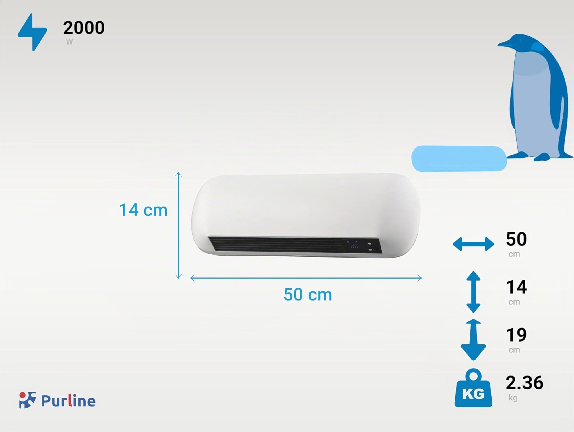 PUR LINE | Riscaldatore split da parete in ceramica da 2000 W con telecomando, tecnologia a risparmio energetico e design moderno - Riscaldatore con telecomando da 2000 W