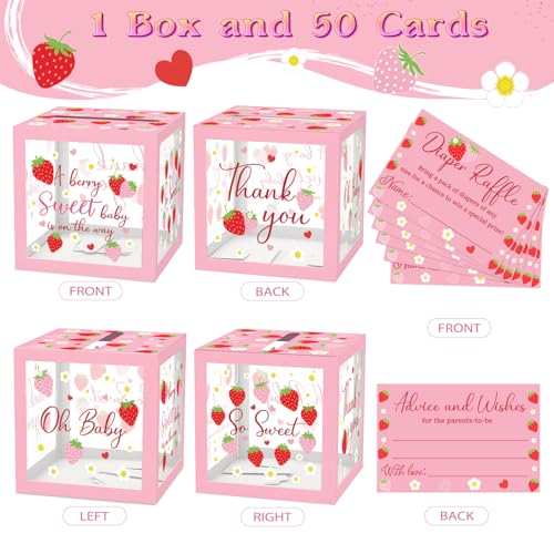Image of 51Pcs Strawberry Diaper Raffle Tickets with Box for Baby Shower Games, A Berry Sweet Baby Is On The Way Diaper Raffle Card Box for Gender Reveal Raffle Party Decoration Clear Card Boxes