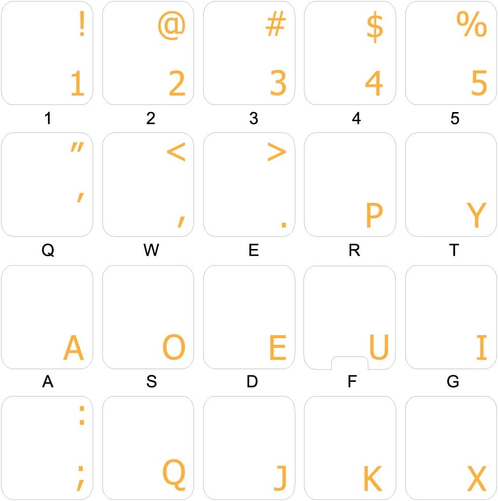 Dvorak Simplified Keyboard Labels Layout with Orange Lettering Transparent Background for Desktop, Laptop and Notebook