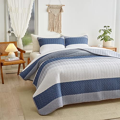 Striped Cotton Quilt Set Queen Size With Navy White Blue-Gray Stripes Soft Cotton Reversible 3Pc Quilt Bedding Set, Coverlet, Bedspread With 2 Pillow Shams #TOP5