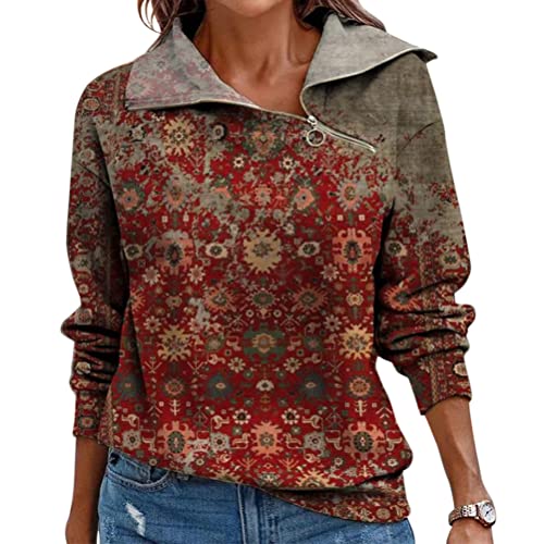 Yesgirl Sudadera de mujer con solapa de manga larga vintage con estampado suelto casual sudadera con cremallera diagonal cuello cálido otoño invierno blusa Tops A rojo 1 S, A Red1, S Cover