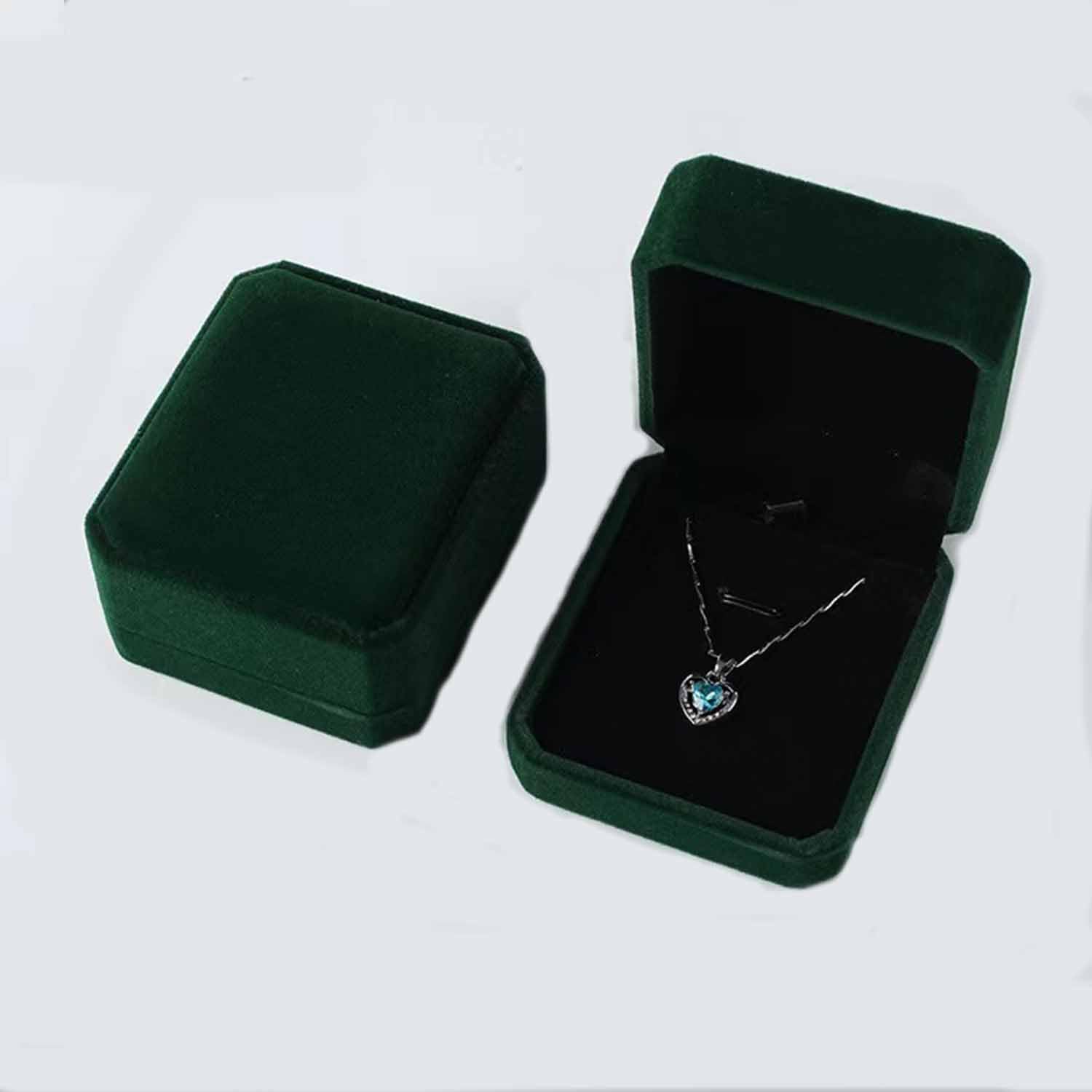 Set of 2 Green Velvet Necklace Pendant Jewelry Box Gift Boxes Packaging Storage Case Display for Wedding, Engagement, Proposal, Birthday and Anniversary