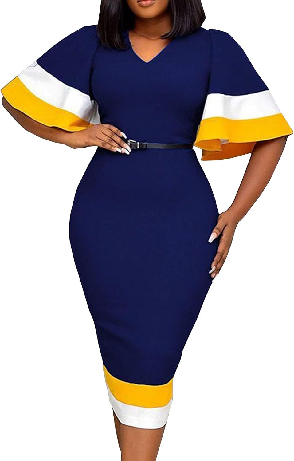 Bodycon Midi Dress for Women Casual Flare Short Sleeve Slim Fit Dresses Vintage Work Office