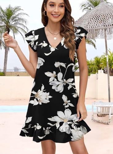 Image of QACOHU Spring Summer Dresses for Women 2026 V Neck Cap Sleeve Ruffle Hem Smock Short Casual Beach Dress