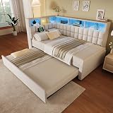 Zepneiy Lit 90x200 avec gigogne 90x190, Canapé lit en L avec Enceinte Bluetooth et LED, Lit Rembourré avec Ports de Chargement USB Type C et étagère de Rangement, Lin Beige (sans Matelas)