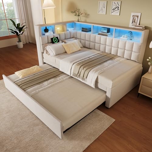 Zepneiy Lit 90x200 avec gigogne 90x190, Canapé lit en L avec Enceinte Bluetooth et LED, Lit Rembourré avec Ports de Chargement USB Type-C et étagère de...