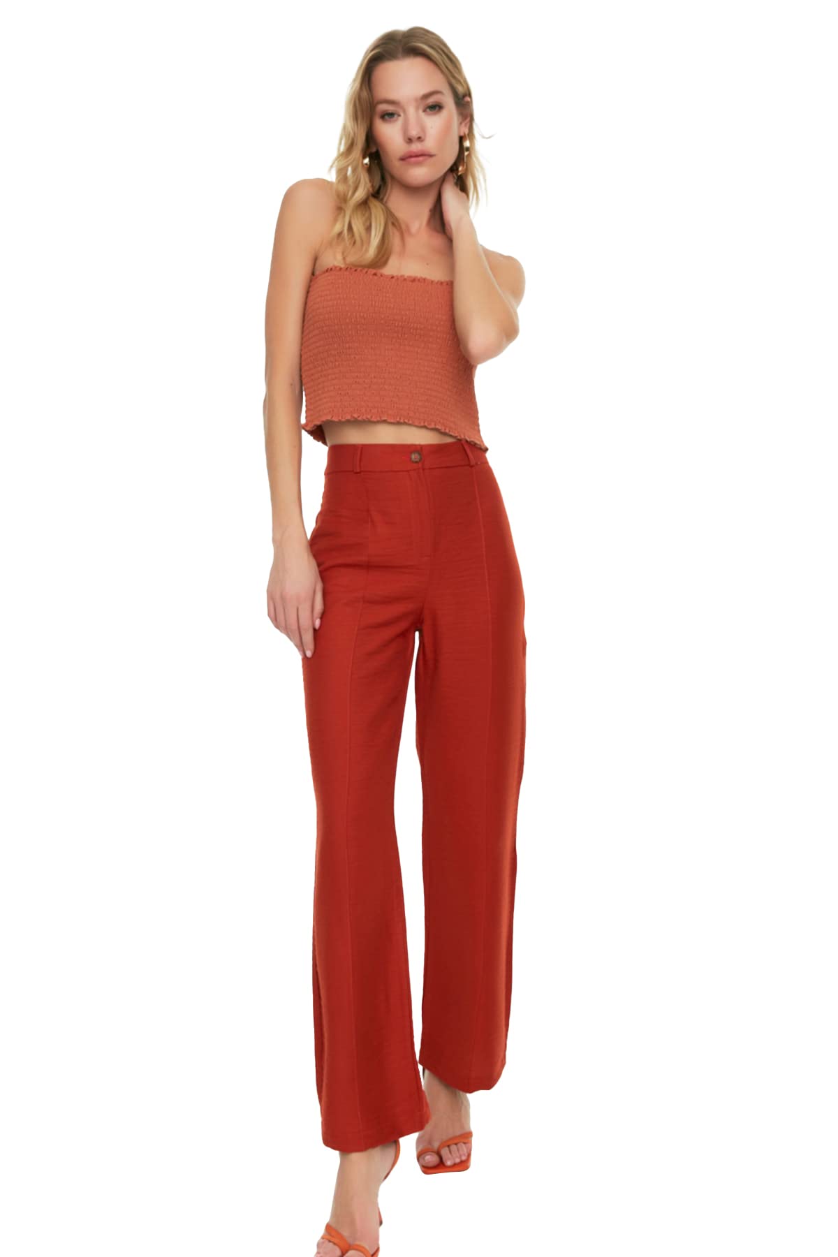 Trendyol Women High Waist Wide Leg Flare Trousers