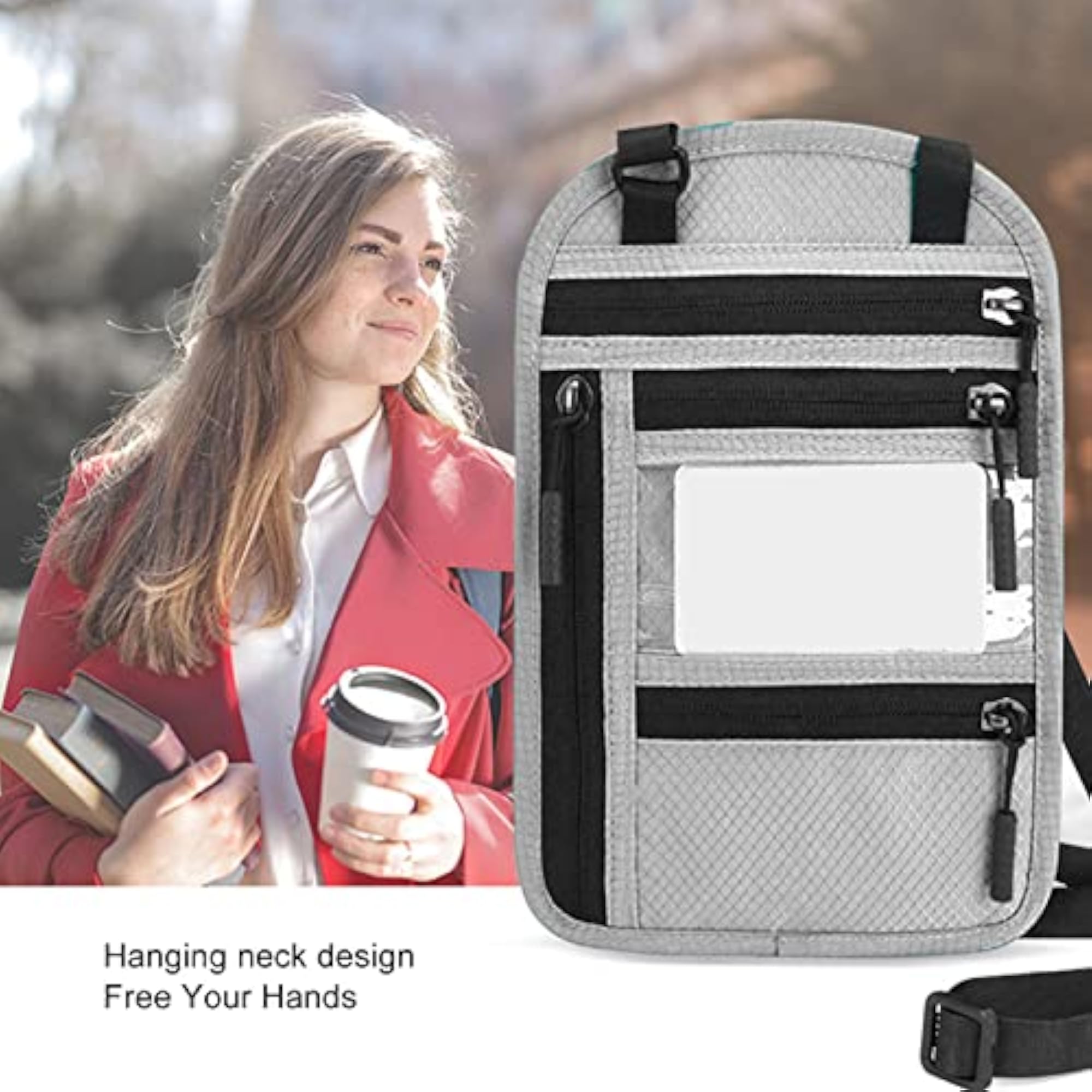 Travel Neck Wallet with Adjustable Shoulder Belt, Light Gray