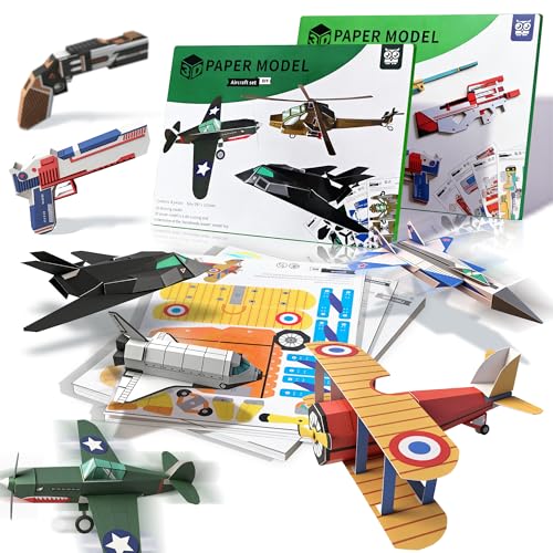 2 Themes in 1, 3D Paper Building Model, DIY Origami Kit for Kids Ages 8-12, Includes 16 Pre-cut, Easy-to-Assemble Aircraft & Weapon 3D Paper Building Models, Airplane Origami Kit for Kids Ages 8-12