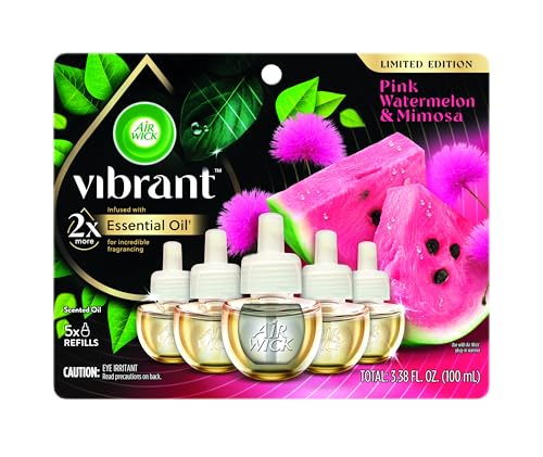 Image of Air Wick Vibrant Plug-In Scented Oil Refills, 5 Count, Pink Watermelon & Mimosa, Air Freshener, Essential Oils